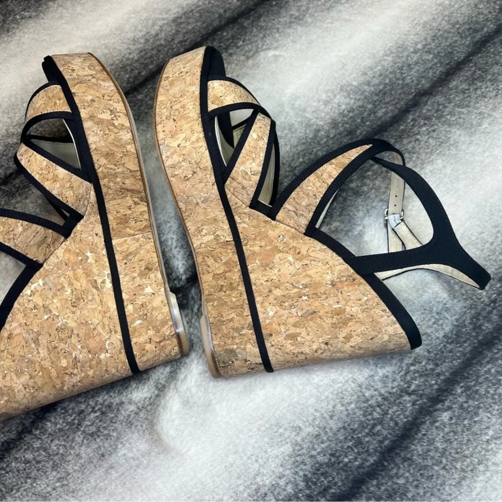 Jimmy Choo Alissa 120 mm Natural Black Cork Grosgrain Wedge Platform Heels